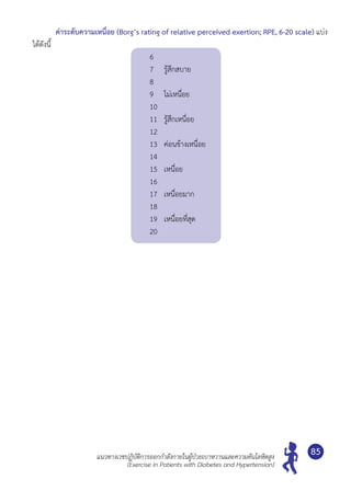 แนวทางเวชปฏิบัติการออกกำ�ลังกายในผู้ป่วยเบาหวานและความดันโลหิตสูง
(Exercise in Patients with Diabetes and Hypertension)
85
	 ค่าระดับความเหนื่อย (Borg’s rating of relative perceived exertion; RPE, 6-20 scale) แบ่ง
ได้ดังนี้
6
7 	 รู้สึกสบาย
8
9	 ไม่เหนื่อย
10
11	 รู้สึกเหนื่อย
12
13	 ค่อนข้างเหนื่อย
14
15	 เหนื่อย
16
17	 เหนื่อยมาก
18
19	 เหนื่อยที่สุด
20
 