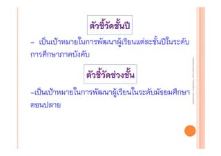 -เป็นเป้าหมายในการพัฒนาผู้เรียนในระดับมัธยมศึกษา
ตอนปลาย

งานนิ ทศการเรียนการสอน โรงเรียนสิรินธร จังหวัดสุรนทร์
งานนิเเทศการเรียนการสอน โรงเรียนสิรินธร จังหวัดสุรนทร์
ิิ

- เป็นเป้าหมายในการพัฒนาผู้เรียนแต่ละชั้นปีในระดับ
การศึกษาภาคบังคับ

 