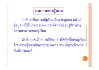 2) กําหนดเป้าหมายที่ต้องการให้เกิดขึ้นกับผู้เรียน
ด้านความรู้และทักษะกระบวนการ รวมทั้งคุณลักษณะ
อันพึงประสงค์

งานนิ ทศการเรียนการสอน โรงเรียนสิรินธร จังหวัดสุรนทร์
งานนิเเทศการเรียนการสอน โรงเรียนสิรินธร จังหวัดสุรนทร์
ิิ

1) ศึกษาวิเคราะห์ผู้เรียนเป็นรายบุคคล แล้วนํา
ข้อมูลมาใช้ในการวางแผนการจัดการเรียนรู้ที่ท้าทาย
ความสามารถของผู้เรียน

 