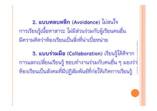 งานนิ ทศการเรียนการสอน โรงเรียนสิรินธร จังหวัดสุรนทร์
งานนิเเทศการเรียนการสอน โรงเรียนสิรินธร จังหวัดสุรนทร์
ิิ

2. แบบหลบหลีก (Avoidance) ไม่สนใจ
Avoidance)
การเรียนรู้เนื้อหาสาระ ไม่มีส่วนร่วมกับผู้เรียนคนอื่น
มีความคิดว่าห้องเรียนเป็นสิ่งทีน่าเบื่อหน่าย
่

3. แบบร่วมมือ (Collaboration) เรียนรู้ได้ดีจาก
Collaboration)
การแลกเปลี่ยนเรียนรู้ ชอบทํางานร่วมกับคนอื่น ๆ มองว่า
ห้องเรียนเป็นสังคมทีมีปฏิสัมพันธ์ที่ก่อให้เกิดการเรียนรู้
่

 