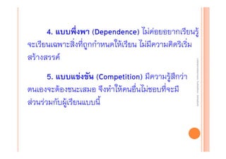 5. แบบแข่งขัน (Competition) มีความรู้สึกว่า
Competition)
ตนเองจะต้องชนะเสมอ จึงทําให้คนอื่นไม่ชอบที่จะมี
ส่วนร่วมกับผู้เรียนแบบนี้

งานนิ ทศการเรียนการสอน โรงเรียนสิรินธร จังหวัดสุรนทร์
งานนิเเทศการเรียนการสอน โรงเรียนสิรินธร จังหวัดสุรนทร์
ิิ

4. แบบพึ่งพา (Dependence) ไม่ค่อยอยากเรียนรู้
Dependence)
จะเรียนเฉพาะสิ่งที่ถูกกําหนดให้เรียน ไม่มีความคิดริเริ่ม
สร้างสรรค์

 