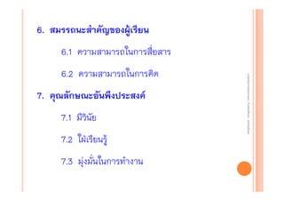 6. สมรรถนะสําคัญของผู้เรียน
6.1 ความสามารถในการสื่อสาร
7. คุณลักษณะอันพึงประสงค์
7.1 มีวินัย
7.2 ใฝ่เรียนรู้
7.3 มุ่งมั่นในการทํางาน

งานนิ ทศการเรียนการสอน โรงเรียนสิรินธร จังหวัดสุรนทร์
งานนิเเทศการเรียนการสอน โรงเรียนสิรินธร จังหวัดสุรนทร์
ิิ

6.2 ความสามารถในการคิด

 