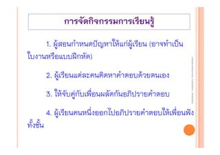 2. ผู้เรียนแต่ละคนคิดหาคําตอบด้วยตนเอง
3. ให้จับคู่กับเพื่อนผลัดกันอภิปรายคําตอบ

งานนิ ทศการเรียนการสอน โรงเรียนสิรินธร จังหวัดสุรนทร์
งานนิเเทศการเรียนการสอน โรงเรียนสิรินธร จังหวัดสุรนทร์
ิิ

1. ผู้สอนกําหนดปัญหาให้แก่ผู้เรียน (อาจทําเป็น
ใบงานหรือแบบฝึกหัด)

4. ผู้เรียนคนหนึ่งออกไปอภิปรายคําตอบให้เพื่อนฟัง
ทั้งชั้น

 