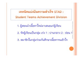งานนิ ทศการเรียนการสอน โรงเรียนสิรินธร จังหวัดสุรนทร์
งานนิเเทศการเรียนการสอน โรงเรียนสิรินธร จังหวัดสุรนทร์
ิิ

1. ผู้สอนนําเนื้อหาใหม่มาเสนอแก่ผู้เรียน

2. จัดผู้เรียนเป็นกลุ่ม เก่ง 1 : ปานกลาง 2 : อ่อน 1
3. สมาชิกในกลุ่มร่วมกันศึกษาเนื้อหาจนเข้าใจ

 