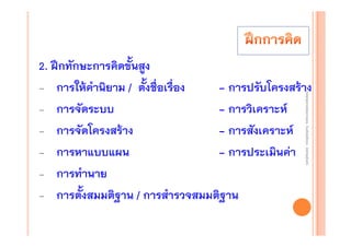 งานนิ ทศการเรียนการสอน โรงเรียนสิรินธร จังหวัดสุรนทร์
งานนิเเทศการเรียนการสอน โรงเรียนสิรินธร จังหวัดสุรนทร์
ิิ

2. ฝึกทักษะการคิดขั้นสูง
- การให้คํานิยาม / ตั้งชื่อเรื่อง
- การปรับโครงสร้าง
- การจัดระบบ
- การวิเคราะห์
- การจัดโครงสร้าง
- การสังเคราะห์
- การหาแบบแผน
- การประเมินค่า
- การทํานาย
- การตั้งสมมติฐาน / การสํารวจสมมติฐาน

 