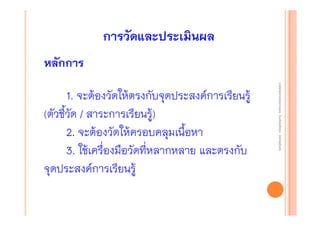 การวัดและประเมินผล
หลักการ
งานนิ ทศการเรียนการสอน โรงเรียนสิรินธร จังหวัดสุรนทร์
งานนิเเทศการเรียนการสอน โรงเรียนสิรินธร จังหวัดสุรนทร์
ิิ

1. จะต้องวัดให้ตรงกับจุดประสงค์การเรียนรู้
(ตัวชี้วัด / สาระการเรียนรู้)
2. จะต้องวัดให้ครอบคลุมเนื้อหา
3. ใช้เครื่องมือวัดที่หลากหลาย และตรงกับ
จุดประสงค์การเรียนรู้

 