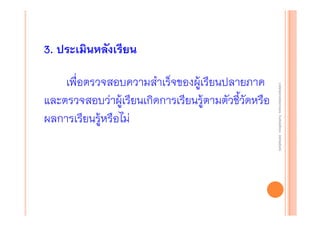 3. ประเมินหลังเรียน
งานนิ ทศการเรียนการสอน โรงเรียนสิรินธร จังหวัดสุรนทร์
งานนิเเทศการเรียนการสอน โรงเรียนสิรินธร จังหวัดสุรนทร์
ิิ

เพื่อตรวจสอบความสําเร็จของผู้เรียนปลายภาค
และตรวจสอบว่าผู้เรียนเกิดการเรียนรู้ตามตัวชี้วัดหรือ
ผลการเรียนรู้หรือไม่

 