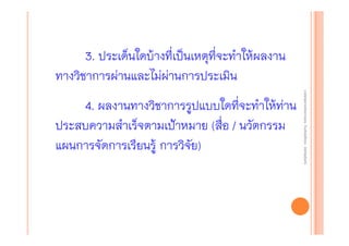 3. ประเด็นใดบ้างที่เป็นเหตุที่จะทําให้ผลงาน
ทางวิชาการผ่านและไม่ผ่านการประเมิน
งานนิ ทศการเรียนการสอน โรงเรียนสิ
งานนิเเทศการเรียนการสอน โรงเรียน รินธร จังหวัดสุรนทร์
ิ

4. ผลงานทางวิชาการรูปแบบใดที่จะทําให้ท่าน
ประสบความสําเร็จตามเป้าหมาย (สื่อ / นวัตกรรม
แผนการจัดการเรียนรู้ การวิจัย)

 