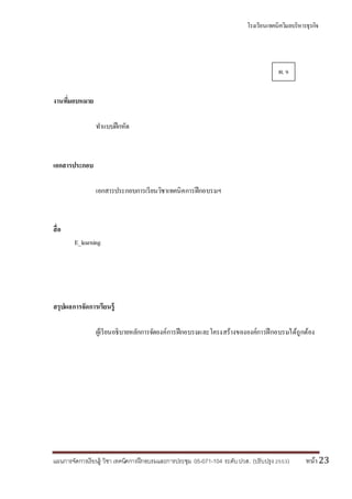 โรงเรียนเทคนิควิมลบริหารธุรกิจ
แผนการจัดการเรียนรู้ วิชา เทคนิคการฝึกอบรมและการประชุม 05-071-104 ระดับปวส. (ปรับปรุง 2553) หน้า23
งานที่มอบหมาย
ทาแบบฝึกหัด
เอกสารประกอบ
เอกสารประกอบการเรียนวิชาเทคนิคการฝึกอบรมฯ
สื่อ
E_learning
สรุปผลการจัดการเรียนรู้
ผู้เรียนอธิบายหลักการจัดองค์การฝึกอบรมและโครงสร้างขององค์การฝึกอบรมได้ถูกต้อง
ผ. 9
 