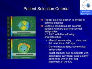 Eastwood
Eye Surgery
Patient Selection Criteria
Proper patient selection is critical to
achieve success
Suitable candidates are cataract
patients with pre-existing corneal
astigmatism
> 0.75 D with the following
characteristics
– Manual keratometry: steep and
flat meridians ~90° apart
– Corneal topography: symmetrical
astigmatism
– Intact capsular bag compatible with
continuous curvilinear capsulotomy
performed with in-the-bag
placement of the IOL
 