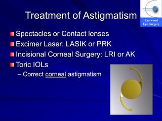Eastwood
Eye Surgery
Treatment of Astigmatism
Spectacles or Contact lenses
Excimer Laser: LASIK or PRK
Incisional Corneal Surgery: LRI or AK
Toric IOLs
– Correct corneal astigmatism
 