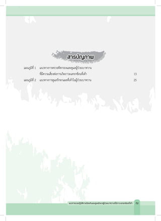 สารบัญภาพ
แผนภูมิที่ 1 	 แนวทางการตรวจคัดกรองและดูแลผู้ป่วยเบาหวาน
	 	 ที่มีความเสี่ยงต่อการเกิดภาวะแทรกซ้อนที่เท้า	 	 	 	 	 13
แผนภูมิที่ 2 	 แนวทางการดูแลรักษาแผลที่เท้าในผู้ป่วยเบาหวาน	 	 	 	 	 25
แนวทางเวชปฏิบัติการป้องกันและดูแลรักษาผู้ป่วยเบาหวานที่มีภาวะแทรกซ้อนที่เท้า ฌ
 