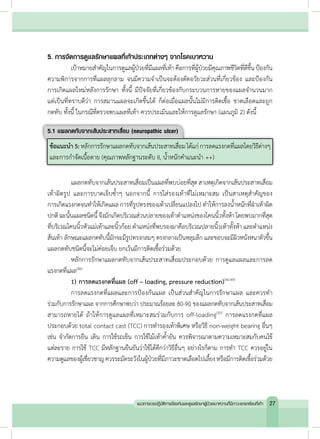 5. การจัดการดูแลรักษาแผลที่เท้าประเภทต่างๆ จากโรคเบาหวาน
	 เป้าหมายส�ำคัญในการดูแลผู้ป่วยที่มีแผลที่เท้าคือการที่ผู้ป่วยมีคุณภาพชีวิตที่ดีขึ้นป้องกัน
ความพิการจากการที่แผลลุกลาม จนมีความจ�ำเป็นจะต้องตัดอวัยวะส่วนที่เกี่ยวข้อง และป้องกัน
การเกิดแผลใหม่หลังการรักษา ทั้งนี้ มีปัจจัยที่เกี่ยวข้องกับกระบวนการหายของแผลจ�ำนวนมาก
แต่เป็นที่ทราบดีว่า การสมานแผลจะเกิดขึ้นได้ ก็ต่อเมื่อแผลนั้นไม่มีการติดเชื้อ ขาดเลือดและถูก
กดทับ ทั้งนี้ ในกรณีที่ตรวจพบแผลที่เท้า ควรประเมินและให้การดูแลรักษา (แผนภูมิ 2) ดังนี้
5.1 แผลกดทับจากเส้นประสาทเสื่อม (neuropathic ulcer)
ข้อแนะน�ำ5:หลักการรักษาแผลกดทับจากเส้นประสาทเสื่อมได้แก่การลดแรงกดที่แผลโดยวิธีต่างๆ
และการก�ำจัดเนื้อตาย (คุณภาพหลักฐานระดับ II, น�้ำหนักค�ำแนะน�ำ ++)
	 แผลกดทับจากเส้นประสาทเสื่อมเป็นแผลที่พบบ่อยที่สุดสาเหตุเกิดจากเส้นประสาทเสื่อม
เท้าผิดรูป และการบาดเจ็บซ�้ำๆ นอกจากนี้ การใส่รองเท้าที่ไม่เหมาะสม เป็นสาเหตุส�ำคัญของ
การเกิดแรงกดจนท�ำให้เกิดแผลการที่รูปทรงของเท้าเปลี่ยนแปลงไปท�ำให้การลงน�้ำหนักที่ฝ่าเท้าผิด
ปกติฉะนั้นแผลชนิดนี้จึงมักเกิดบริเวณส่วนปลายของเท้าต�ำแหน่งของโคนนิ้วทั้งห้าโดยพบมากที่สุด
ที่บริเวณโคนนิ้วหัวแม่เท้าและนิ้วก้อยต�ำแหน่งที่พบรองมาคือบริเวณปลายนิ้วเท้าทั้งห้าและต�ำแหน่ง
ส้นเท้า ลักษณะแผลกดทับนี้มักจะมีรูปทรงกลมๆ ตรงกลางเป็นหลุมลึก และขอบจะมีผิวหนังหนาตัวขึ้น
แผลกดทับชนิดนี้จะไม่ค่อยเจ็บ ยกเว้นมีการติดเชื้อร่วมด้วย
	 หลักการรักษาแผลกดทับจากเส้นประสาทเสื่อมประกอบด้วย การดูแลแผลและการลด
แรงกดที่แผล(46)
	 1)	การลดแรงกดที่แผล (off – loading, pressure reduction)(46-49)
	 การลดแรงกดที่แผลและการป้องกันแผล เป็นส่วนส�ำคัญในการรักษาแผล และควรท�ำ
ร่วมกับการรักษาแผล จากการศึกษาพบว่า ประมาณร้อยละ 80-90 ของแผลกดทับจากเส้นประสาทเสื่อม
สามารถหายได้ ถ้าให้การดูแลแผลที่เหมาะสมร่วมกับการ off-loading(50)
การลดแรงกดที่แผล
ประกอบด้วย total contact cast (TCC) การท�ำรองเท้าพิเศษ หรือวิธี non-weight bearing อื่นๆ
เช่น จ�ำกัดการยืน เดิน การใช้รถเข็น การใช้ไม้เท้าค�้ำยัน ควรพิจารณาตามความเหมาะสมกับคนไข้
แต่ละราย การใช้ TCC มีหลักฐานยืนยันว่าใช้ได้ดีกว่าวิธีอื่นๆ อย่างไรก็ตาม การท�ำ TCC ควรอยู่ใน
ความดูแลของผู้เชี่ยวชาญควรระมัดระวังในผู้ป่วยที่มีภาวะขาดเลือดไปเลี้ยงหรือมีการติดเชื้อร่วมด้วย
27แนวทางเวชปฏิบัติการป้องกันและดูแลรักษาผู้ป่วยเบาหวานที่มีภาวะแทรกซ้อนที่เท้า
 