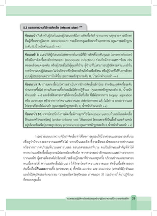 5.3 แผลเบาหวานที่มีการติดเชื้อ (infected ulcer) (29)
ข้อแนะน�ำ7:ส�ำหรับผู้ป่วยในและผู้ป่วยนอกที่มีภาวะติดเชื้อที่เท้าจากเบาหวานทุกรายควรปรึกษา
ทีมผู้เชี่ยวชาญในการ debridement รวมถึงการดูแลรักษาเท้าเบาหวาน (คุณภาพหลักฐาน
ระดับ II, น�้ำหนักค�ำแนะน�ำ ++)
ข้อแนะน�ำ8:แนะน�ำให้ผู้ป่วยนอนโรงพยาบาลในกรณีที่มีการติดเชื้อระดับรุนแรง (severeinfection)
หรือมีการติดเชื้อระดับปานกลาง (moderate infection) ร่วมกับมีภาวะแทรกซ้อน เช่น
หลอดเลือดแดงอุดตัน หรือผู้ป่วยที่ไม่มีผู้ดูแลที่บ้าน ผู้ป่วยที่ไม่สามารถปฏิบัติตามค�ำแนะน�ำใน
การรักษาแบบผู้ป่วยนอก ไม่ว่าเกิดจากปัจจัยทางด้านจิตใจหรือสังคม หรือผู้ป่วยที่ได้รับการรักษา
แบบผู้ป่วยนอกแต่อาการไม่ดีขึ้น (คุณภาพหลักฐานระดับ III, น�้ำหนักค�ำแนะน�ำ ++)
ข้อแนะน�ำ 9: การเพาะเชื้อไม่มีความจ�ำเป็นหากมีการติดเชื้อเล็กน้อย ส�ำหรับแผลติดเชื้อระดับ
ปานกลางขึ้นไป ควรเก็บเพาะเชื้อก่อนเริ่มให้ยาปฏิชีวนะ (คุณภาพหลักฐานระดับ III, น�้ำหนัก
ค�ำแนะน�ำ ++) และสิ่งที่ส่งตรวจควรได้จากเนื้อเยื่อชั้นลึก ซึ่งได้มาจากการ biopsy, aspiration
หรือ curettage หลังจากการท�ำความสะอาดและ debridement แล้ว ไม่ใช่การ swab จากแผล
ไปตรวจซึ่งจะไม่แม่นย�ำ (คุณภาพหลักฐานระดับ II, น�้ำหนักค�ำแนะน�ำ ++)
ข้อแนะน�ำ 10: แพทย์ควรนึกถึงการติดเชื้อที่กระดูกหรือข้อ (osteomyelitis) ในกรณีแผลติดเชื้อ
ลึกและ/หรือขนาดใหญ่ (probe-to-bone test ให้ผลบวก) โดยเฉพาะที่เป็นเรื้อรังและต�ำแหน่ง
อยู่บริเวณข้อหรือปุ่มกระดูก (bony prominence) (คุณภาพหลักฐานระดับ II, น�้ำหนักค�ำแนะน�ำ ++)
	 การตรวจแผลเบาหวานที่มีการติดเชื้อท�ำได้โดยการดูและใช้นิ้วกดรอบแผลและรอยที่บวม
เพื่อดูว่ามีหนองออกจากแผลหรือไม่ หากเป็นแผลติดเชื้อจะมีหนองไหลออกจากปากแผล
หรือจากการกดบริเวณที่บวมแดงรอบแผล ขอบเขตของแผลที่บวม จะเป็นลักษณะส�ำคัญที่ท�ำให้
ทราบว่าแผลติดเชื้อนั้นลุกลามไปมากน้อยเพียงใด หากตรวจพบว่าลักษณะบวมแพร่กระจายจาก
ปากแผลไป ผู้ตรวจต้องกดไล่บริเวณที่บวมซึ่งอยู่ไกลมาที่ปากแผลทุกครั้ง บริเวณปากแผลอาจตรวจ
พบเนื้อตายได้ หากแผลติดเชื้อไม่รุนแรง ให้รักษาโดยท�ำความสะอาดแผล ตัดชิ้นเนื้อที่ตายออก
ส่งเนื้อเยื่อที่ก้นแผลเพาะเชื้อ (ภาคผนวก 4) ทั้งชนิด aerobe และ anaerobe (หากท�ำได้) ท�ำแผล
และใช้วัสดุปิดแผลที่เหมาะสม (รายละเอียดวัสดุปิดแผล ภาคผนวก 5) รวมถึงการให้ยาปฏิชีวนะ
ที่ครอบคลุมเชื้อ
29แนวทางเวชปฏิบัติการป้องกันและดูแลรักษาผู้ป่วยเบาหวานที่มีภาวะแทรกซ้อนที่เท้า
 