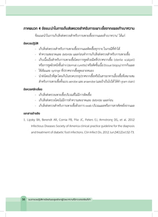 ภาคผนวก 4 ข้อแนะน�ำในการเก็บส่งตรวจส�ำหรับการเพาะเชื้อจากแผลเท้าเบาหวาน
	 ข้อแนะน�ำในการเก็บสิ่งส่งตรวจส�ำหรับการเพาะเชื้อจากแผลเท้าเบาหวาน1
ได้แก่
ข้อควรปฏิบัติ
	 -	 เก็บสิ่งส่งตรวจส�ำหรับการเพาะเชื้อจากแผลติดเชื้อทุกราย ในกรณีที่ท�ำได้
	 -	 ท�ำความสะอาดและ debride แผลก่อนท�ำการเก็บสิ่งส่งตรวจส�ำหรับการเพาะเชื้อ
	 -	 เก็บเนื้อเยื่อส�ำหรับการเพาะเชื้อโดยการขูดด้วยมีดที่ปราศจากเชื้อ (sterile scalpel)
หรือการขูดผิวหนังชั้นล่าง(dermalcurette)หรือตัดชิ้นเนื้อ(tissuebiopsy)จากก้นแผล
	 -	 ใช้เข็มและ syringe ที่ปราศจากเชื้อดูดเจาะหนอง
	 -	 น�ำส่งโดยเร็วที่สุดโดยเก็บในขวดบรรจุปราศจากเชื้อหรือในสารอาหารเลี้ยงเชื้อที่เหมาะสม
ส�ำหรับการเพาะเชื้อทั้งแบบ aerobe และ anaerobe (และถ้าเป็นไปได้ ให้ท�ำ gram stain)
ข้อควรหลีกเลี่ยง
	 -	 เก็บสิ่งส่งตรวจเพาะเชื้อบริเวณที่ไม่มีการติดเชื้อ
	 -	 เก็บสิ่งส่งตรวจโดยไม่มีการท�ำความสะอาดและ debride แผลก่อน
	 -	 เก็บสิ่งส่งตรวจส�ำหรับการเพาะเชื้อด้วยการswabบริเวณแผลหรือการสารคัดหลั่งจากแผล
เอกสารอ้างอิง
1. Lipsky BA, Berendt AR, Cornia PB, Pile JC, Peters EJ, Armstrong DG, et al. 2012
Infectious Diseases Society of America clinical practice guideline for the diagnosis
andtreatmentofdiabeticfootinfections.ClinInfectDis.2012Jun;54(12):e132-73.
56 แนวทางเวชปฏิบัติการป้องกันและดูแลรักษาผู้ป่วยเบาหวานที่มีภาวะแทรกซ้อนที่เท้า
 