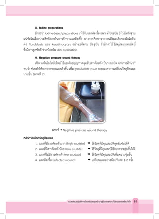8.	Iodine preparations
	 มีการน�ำ iodine-based preparations มาใช้กับแผลติดเชื้อเฉพาะที่ ปัจจุบัน ยังไม่มีหลักฐาน
แน่ชัดในเรื่องประสิทธิภาพในการรักษาแผลติดเชื้อ บางการศึกษารายงานถึงผลเสียของไอโอดีน
ต่อ fibroblasts และ keratinocytes อย่างไรก็ตาม ปัจจุบัน ยังมีการใช้วัสดุปิดแผลชนิดนี้
ซึ่งมีการดูดซับดี ช่วยป้องกัน skin excoriation
	 9.	Negative pressure wound therapy
	 เป็นเทคโนโลยีสมัยใหม่ ใช้แรงดันสุญญากาศดูดซับสารคัดหลั่งเป็นระบบปิด จากการศึกษา(3)
พบว่า ช่วยท�ำให้การหายของแผลเร็วขึ้น เพิ่ม granulation tissue ระยะเวลาการเปลี่ยนวัสดุปิดแผล
นานขึ้น (ภาพที่ 7)
ภาพที่ 7 Negative pressure wound therapy
หลักการเลือกวัสดุปิดแผล
	 1.	แผลที่มีสารคัดหลั่งมาก (high exudate)	 	ใช้วัสดุที่มีคุณสมบัติดูดซึมซับได้ดี
	 2.	 แผลที่มีสารคัดหลั่งน้อย (low exudate)	 	ใช้วัสดุที่มีคุณสมบัติรักษาความชุ่มชื้นได้ดี
	 3.	แผลที่ไม่มีสารคัดหลั่ง (no exudate)	 	ใช้วัสดุที่มีคุณสมบัติเพิ่มความชุ่มชื้น
	 4.	แผลติดเชื้อ (infected wound)	 	เปลี่ยนแผลอย่างน้อยวันละ 1-2 ครั้ง
61แนวทางเวชปฏิบัติการป้องกันและดูแลรักษาผู้ป่วยเบาหวานที่มีภาวะแทรกซ้อนที่เท้า
 