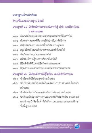 29องค์ประกอบมาตรฐานห้องสมุดโรงเรียน
สังกัดสำนักงานคณะกรรมการการศึกษาขั้นพื้นฐาน
มาตรฐานด้านนักเรียน 
ตัวบ่งชี้ในแต่ละมาตรฐาน มีดังนี้
มาตรฐานที่ ๑๑		 นักเรียนมีความสามารถในการรับรู้ เข้าถึง และใช้ประโยชน์

		 จากสารสนเทศ
๑๑.๑ 	 กำหนดลักษณะและขอบเขตของสารสนเทศที่ต้องการได้ 
๑๑.๒ 	 ค้นหาสารสนเทศที่ต้องการได้อย่างมีประสิทธิภาพ
๑๑.๓ 	 ตัดสินใจเลือกสารสนเทศที่เข้าถึงได้อย่างถูกต้อง
๑๑.๔ 	 สรุป เรียบเรียงแนวคิดจากสารสนเทศที่ค้นพบได้
๑๑.๕ 	 จัดเก็บและเผยแพร่สารสนเทศได้
๑๑.๖ 	 สร้างองค์ความรู้จากการศึกษาค้นคว้าได้
๑๑.๗ 	 มีจิตสำนึกที่ดีในการใช้ทรัพยากรสารสนเทศ
๑๑.๘ 	 มีคุณธรรมและจริยธรรมในการใช้ทรัพยากรสารสนเทศ
มาตรฐานที่ ๑๒ 	นักเรียนมีความใฝ่รู้ใฝ่เรียน และมีนิสัยรักการอ่าน
๑๒.๑ 	 นักเรียนเข้าใช้ห้องสมุดอย่างสม่ำเสมอ
๑๒.๒ 	 นักเรียนยืมหนังสือหรือสื่อทรัพยากรสารสนเทศอื่นอย่าง
สม่ำเสมอ
๑๒.๓ 	 นักเรียนเข้าร่วมกิจกรรมส่งเสริมการอ่านอย่างสม่ำเสมอ
๑๒.๔ 	 นักเรียนมีปริมาณการอ่านเหมาะสมกับระดับชั้น ตามเกณฑ์

การอ่านหนังสือขั้นต่ำที่สำนักงานคณะกรรมการการศึกษา

ขั้นพื้นฐานกำหนด


 