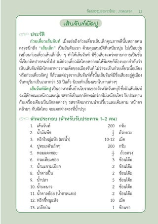 13
วัฒนธรรมอาหารไทย : ภาคกลาง
ประวัติ
ก๋วยเตี๋ยวเส้นจันท์ เมื่อเอ่ยถึงก๋วยเตี๋ยวเส้นเล็กคุณภาพดีนั้นหลายคน
คงจะนึกถึง “เส้นเล็ก” เป็นอันดับแรก ด้วยคุณสมบัติที่เหนียวนุ่ม ไม่เปื่อยยุ่ย
เหมือนก๋วยเตี๋ยวเส้นเล็กอื่น ๆ ทำ�ให้เส้นจันท์ มีชื่อเสียงแพร่หลายกลายเป็นชื่อ
ที่เรียกติดปากคนทั่วไป แม้ก๋วยเตี๋ยวผัดไทยหากจะให้พิเศษก็ต้องบอกกำ�กับว่า
เป็นเส้นจันท์ผัดไทยอาหารจานเด็ดของเมืองจันท์ ไม่ว่าจะเป็นก๋วยเตี๋ยวเนื้อเลียง
หรือก๋วยเตี๋ยวผัดปู ก็ล้วนแต่ปรุงจากเส้นจันท์ทั้งนั้นเส้นจันท์มีชื่อเสียงอยู่คู่เมือง
จันทบุรีมาเป็นเวลากว่า 50 ปีแล้ว นิยมทำ�เลี้ยงแขกในงานต่างๆ
เส้นจันท์ผัดปูเป็นอาหารพื้นบ้านโบราณของจังหวัดจันทบุรีซึ่งตัวเส้นจันท์
จะมีลักษณะเหนียวและนุ่มรสชาติเป็นเอกลักษณ์อร่อยไม่เหมือนใครรับประทาน
กับเครื่องเคียงเป็นผักสดต่างๆ รสชาติจะหวานนำ�เปรี้ยวและเค็มตาม หน้าตา
คล้ายๆ กับผัดไทย จะแตกต่างตรงที่นํ้าปรุง
ส่วนประกอบ (สำ�หรับรับประทาน 1-2 คน)
1. เส้นจันท์ 200 กรัม
2. นํ้ามันพืช ถ้วยตวง
3. พริกใหญ่แห้ง (แช่นํ้า) 10-12 เม็ด
4. ปูทะเลตัวเล็กๆ 200 กรัม
5. หอมแดงซอย ถ้วยตวง
6. กระเทียมซอย 3 ช้อนโต๊ะ
7. นํ้ามะขามเปียก 2 ช้อนโต๊ะ
8. นํ้าตาลปี๊บ 2 ช้อนโต๊ะ
9. นํ้าปลา 5 ช้อนโต๊ะ
10. นํ้ามะนาว 2 ช้อนโต๊ะ
11. นํ้าตาลอ้อย (นํ้าตาลแดง) 2 ช้อนโต๊ะ
12. พริกขี้หนูแห้ง 10 เม็ด
13. เกลือป่น 1 ช้อนชา
เส้นจันท์ผัดปู
 