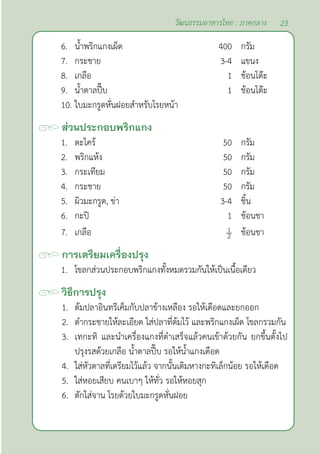23
วัฒนธรรมอาหารไทย : ภาคกลาง
6. นํ้าพริกแกงเผ็ด 400 กรัม
7. กระชาย 3-4 แขนง
8. เกลือ 1 ช้อนโต๊ะ
9. นํ้าตาลปี๊บ 1 ช้อนโต๊ะ
10. ใบมะกรูดหั่นฝอยสำ�หรับโรยหน้า
ส่วนประกอบพริกแกง
1. ตะไคร้ 50 กรัม
2. พริกแห้ง 50 กรัม
3. กระเทียม 50 กรัม
4. กระชาย 50 กรัม
5. ผิวมะกรูด, ข่า 3-4 ชิ้น
6. กะปิ 1 ช้อนชา
7. เกลือ ช้อนชา
การเตรียมเครื่องปรุง
1. โขลกส่วนประกอบพริกแกงทั้งหมดรวมกันให้เป็นเนื้อเดียว
วิธีการปรุง
1. ต้มปลาอินทรีเค็มกับปลาข้างเหลือง รอให้เดือดและยกออก
2. ตำ�กระชายให้ละเอียด ใส่ปลาที่ต้มไว้ และพริกแกงเผ็ด โขลกรวมกัน
3. เทกะทิ และนำ�เครื่องแกงที่ตำ�เสร็จแล้วคนเข้าด้วยกัน ยกขึ้นตั้งไป
ปรุงรสด้วยเกลือ นํ้าตาลปี๊บ รอให้นํ้าแกงเดือด
4. ใส่หัวตาลที่เตรียมไว้แล้ว จากนั้นเติมหางกะทิเล็กน้อย รอให้เดือด
5. ใส่หอยเสียบ คนเบาๆ ให้ทั่ว รอให้หอยสุก
6. ตักใส่จาน โรยด้วยใบมะกรูดหั่นฝอย
 