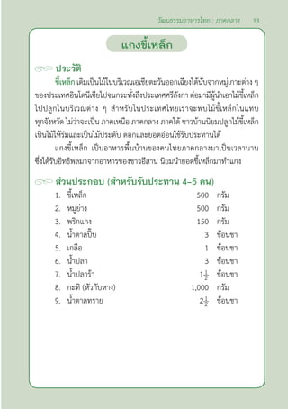 33
วัฒนธรรมอาหารไทย : ภาคกลาง
ประวัติ
ขี้เหล็ก เดิมเป็นไม้ในบริเวณเอเชียตะวันออกเฉียงใต้นับจากหมู่เกาะต่าง ๆ
ของประเทศอินโดนีเซียไปจนกระทั่งถึงประเทศศรีลังกา ต่อมามีผู้นำ�เอาไม้ขี้เหล็ก
ไปปลูกในบริเวณต่าง ๆ สำ�หรับในประเทศไทยเราจะพบไม้ขี้เหล็กในแทบ
ทุกจังหวัด ไม่ว่าจะเป็น ภาคเหนือ ภาคกลาง ภาคใต้ ชาวบ้านนิยมปลูกไม้ขี้เหล็ก
เป็นไม้ให้ร่มและเป็นไม้ประดับ ดอกและยอดอ่อนใช้รับประทานได้
แกงขี้เหล็ก เป็นอาหารพื้นบ้านของคนไทยภาคกลางมาเป็นเวลานาน
ซึ่งได้รับอิทธิพลมาจากอาหารของชาวอีสาน นิยมนำ�ยอดขี้เหล็กมาทำ�แกง
ส่วนประกอบ (สำ�หรับรับประทาน 4-5 คน)
1. ขี้เหล็ก 500 กรัม
2. หมูย่าง 500 กรัม
3. พริกแกง 150 กรัม
4. นํ้าตาลปี๊บ 3 ช้อนชา
5. เกลือ 1 ช้อนชา
6. นํ้าปลา 3 ช้อนชา
7. นํ้าปลาร้า 1 ช้อนชา
8. กะทิ (หัวกับหาง) 1,000 กรัม
9. นํ้าตาลทราย 2 ช้อนชา
แกงขี้เหล็ก
 