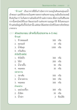 51
วัฒนธรรมอาหารไทย : ภาคกลาง
“ข้าวแช่” เป็นอาหารที่มีถิ่นกำ�เนิดจากชาวมอญในดินแดนลุ่มแม่นํ้า
เจ้าพระยา และใช้ประกอบในเทศกาลสงกรานต์ของชาวมอญ จนถือเป็นประเพณี
สืบต่อกันมาว่า ในวันสงกรานต์จะต้องทำ�ข้าวแช่ถวายพระ เพื่อความเป็นสิริมงคล
จากนั้นคนไทยได้รับเอาวัฒนธรรมข้าวแช่ของชาวมอญมาใช้ ซึ่งในตอนแรก
ข้าวแช่จะมีอยู่แค่ในรั้วในวังเท่านั้นแต่ต่อมาได้แพร่หลายไปทั่วในหลายจังหวัดของ
ภาคกลาง
ส่วนประกอบ (สำ�หรับรับประทาน 4-5 คน)
ข้าวแช่
1. ข้าวหอมมะลิ 500 กรัม
2. ดอกมะลิ 10 กรัม
3. นํ้าต้มสุก 1000 กรัม
4. ควันเทียน
หัวไชโป๊วผัดไข่
1. หัวไชโป๊ว 300 กรัม
2. ไข่ไก่ 200 กรัม
3. นํ้าตาลปี๊บ 50 กรัม
4. หอมซอย 30 กรัม
ปลาหวาน
1. ปลาเค็ม 500 กรัม
2. นํ้าตาลทราย 300 กรัม
3. หอมซอย 300 กรัม
ยำ�มะม่วง
1. มะม่วงเปรี้ยว 300 กรัม
2. ถั่วลิสง 50 กรัม
3. นํ้าปลา 2 ช้อนโต๊ะ
 