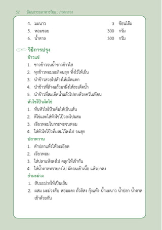 52 วัฒนธรรมอาหารไทย : ภาคกลาง
4. มะนาว 3 ช้อนโต๊ะ
5. หอมซอย 300 กรัม
6. นํ้าตาล 300 กรัม
วิธีการปรุง
ข้าวแช่
1. ซาวข้าวจนนํ้าซาวข้าวใส
2. หุงข้าวหอมมะลิจนสุก ทิ้งไว้ให้เย็น
3. นำ�ข้าวสวยไปล้างให้เม็ดแตก
4. นำ�ข้าวที่ล้างแล้วมาผึ่งให้สะเด็ดนํ้า
5. นำ�ข้าวที่สะเด็ดนํ้าแล้วไปอบด้วยควันเทียน
หัวไชโป๊วผัดไข่
1. หั่นหัวไชโป๊วเค็มให้เป็นเส้น
2. ตีไข่และใส่หัวไชโป๊วลงไปผสม
3. เจียวหอมในกระทะจนหอม
4. ใส่หัวไชโป๊วที่ผสมไว้ลงไป จนสุก
ปลาหวาน
1. ตำ�ปลาแห้งให้ละเอียด
2. เจียวหอม
3. ใส่ปลาแห้งลงไป คลุกให้เข้ากัน
4. ใส่นํ้าตาลทรายลงไป ผัดจนเข้าเนื้อ แล้วยกลง
ยำ�มะม่วง
1. สับมะม่วงให้เป็นเส้น
2. ผสม มะม่วงสับ หอมแดง ถั่วลิสง กุ้งแห้ง นํ้ามะนาว นํ้าปลา นํ้าตาล
เข้าด้วยกัน
 