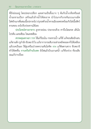 90 วัฒนธรรมอาหารไทย : ภาคกลาง
ที่ยังอ่อนอยู่ โดยปลอกเปลือก และฝานเป็นชิ้นบาง ๆ ต้มกับนํ้าเกลือหรือแช่
นํ้ามะขามเปียก เสร็จแล้วล้างนํ้าให้สะอาด นำ�ไปแกงกับกะทิแบบแกงเผ็ด
ใส่พริกแกงที่ผสมเนื้อปลาลงไป ปรุงรสด้วยนํ้าตาลเมืองเพชรพร้อมกับใส่เนื้อสัตว์
ตามชอบ ลงไปรับประทานได้เลย
ประโยชน์ทางอาหาร ลูกตาลอ่อน ประกอบด้วย คาร์โบไฮเดรต เส้นใย
โปรตีน แคลเซียม โพแทสเซียม
สรรพคุณทางยา ราก ใช้แก้ร้อนใน กระหายนํ้า แก้ไข้ แก้ทอนซิลอักเสบ
แก้ซางเด็ก ชูกำ�ลัง ขับพยาธิ ใบ แก้อาการกระสับกระส่ายหลังคลอด คั่วให้เหลือง
แล้วบดเป็นผง ใช้สูบหรือเป่าลดความดันโลหิต งวง แก้พิษตานซาง ขับพยาธิ
ทำ�ให้สดชื่น กาบหรือก้านใบสด อังไฟแล้วบีบเอาแต่นํ้า แก้ท้องร่วง ท้องเสีย
อมแก้ปากเปื่อย
 