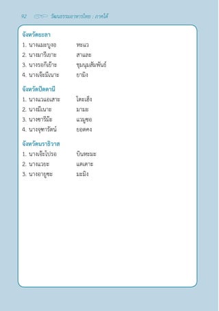 92 วัฒนธรรมอาหารไทย : ภาคใต้
จังหวัดยะลา
1. นางแมะบูงอ หะแว
2. นางมารีเยาะ สาและ
3. นางรอกีเย๊าะ ชุมนุมสัมพันธ์
4. นางเจ๊ะมีเนาะ ยามิง
จังหวัดปัตตานี
1. นางแวแอเสาะ โตะเฮ็ง
2. นางมีเนาะ มามะ
3. นางซารีม๊ะ แวมูซอ
4. นางจุฑารัตน์ ยอดคง
จังหวัดนราธิวาส
1. นางเจ๊ะโปรอ บินหะมะ
2. นางแวยะ แตเดาะ
3. นางอายูซะ มะมิง
 