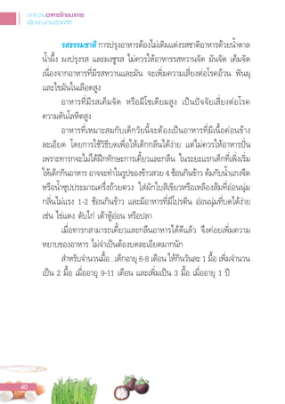 รสธรรมชาติ การปรุงอาหารต้องไม่เติมแต่งรสชาติอาหารด้วยน�้าตาล
น�้าผึ้ง ผงปรุงรส และผงชูรส ไม่ควรให้อาหารรสหวานจัด มันจัด เค็มจัด
เนื่องจากอาหารที่มีรสหวานและมัน จะเพิ่มความเสี่ยงต่อโรคอ้วน ฟนผุ
และไขมันในเลือดสูง
อาหารที่มีรสเค็มจัด หรือมีโซเดียมสูง เปนปจจัยเสี่ยงต่อโรค
ความดันโลหิตสูง
อาหารที่เหมาะสมกับเด็กวัยนี้จะต้องเปนอาหารที่มีเนื้อค่อนข้าง
ละเอียด โดยการใช้วิธีบดเพื่อให้เด็กกลืนได้ง่าย แต่ไม่ควรให้อาหารปน
เพราะทารกจะไม่ได้ฝกทักษะการเคี้ยวและกลืน ในระยะแรกเด็กที่เพิ่งเริ่ม
ให้เด็กกินอาหาร อาจจะท�าในรูปของข้าวสวย 4 ช้อนกินข้าว ต้มกับน�้าแกงจืด
หรือน�้าซุปประมาณครึ่งถ้วยตวง ใส่ผักใบสีเขียวหรือเหลืองส้มที่อ่อนนุ่ม
กลิ่นไม่แรง 1-2 ช้อนกินข้าว และมีอาหารที่มีโปรตีน อ่อนนุ่มที่บดได้ง่าย
เช่น ไข่แดง ตับไก่ เต้าหู้อ่อน หรือปลา
เมื่อทารกสามารถเคี้ยวและกลืนอาหารได้ดีแล้ว จึงค่อยเพิ่มความ
หยาบของอาหาร ไม่จ�าเปนต้องบดละเอียดมากนัก
ส�าหรับจ�านวนมื้อ...เด็กอายุ 6-8 เดือน ให้กินวันละ 1 มื้อ เพิ่มจ�านวน
เปน 2 มื้อ เมื่ออายุ 9-11 เดือน และเพิ่มเปน 3 มื้อ เมื่ออายุ 1 ป
บทความอาหารโภชนาการ
เพื่อคุณภาพชีวิตที่ดี
40
 