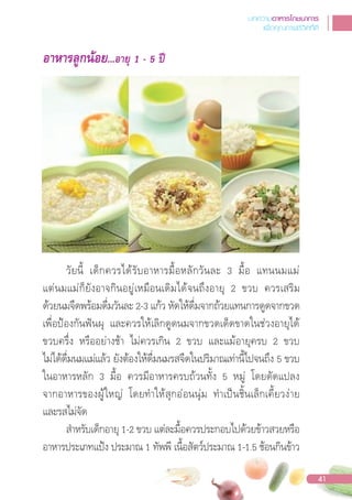 อาหารลูกนอย...อายุ 1 - 5 ป
วัยนี้ เด็กควรได้รับอาหารมื้อหลักวันละ 3 มื้อ แทนนมแม่
แต่นมแม่ก็ยังอาจกินอยู่เหมือนเดิมได้จนถึงอายุ 2 ขวบ ควรเสริม
ด้วยนมจืดพร้อมดื่มวันละ 2-3 แก้ว หัดให้ดื่มจากถ้วยแทนการดูดจากขวด
เพื่อปองกันฟนผุ และควรให้เลิกดูดนมจากขวดเด็ดขาดในช่วงอายุได้
ขวบครึ่ง หรืออย่างช้า ไม่ควรเกิน 2 ขวบ และแม้อายุครบ 2 ขวบ
ไม่ได้ดื่มนมแม่แล้ว ยังต้องให้ดื่มนมรสจืดในปริมาณเท่านี้ไปจนถึง 5 ขวบ
ในอาหารหลัก 3 มื้อ ควรมีอาหารครบถ้วนทั้ง 5 หมู่ โดยดัดแปลง
จากอาหารของผู้ใหญ่ โดยท�าให้สุกอ่อนนุ่ม ท�าเปนชิ้นเล็กเคี้ยวง่าย
และรสไม่จัด
ส�าหรับเด็กอายุ 1-2 ขวบ แต่ละมื้อควรประกอบไปด้วยข้าวสวยหรือ
อาหารประเภทแปง ประมาณ 1 ทัพพี เนื้อสัตว์ประมาณ 1-1.5 ช้อนกินข้าว
บทความอาหารโภชนาการ
เพื่อคุณภาพชีวิตที่ดี
41
 