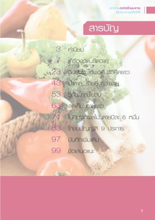 3 คíา¹ิÂม
7 เคÃื่อ§วÑด..ÂืดอาÂุ
23 ¡ิ¹ÂÑ§ä§..ãËŒพอดี..ชีวีÂืดÂาว
43 ¹íéาตาÅ...ÃŒาÂÂิ่§¡ว‹าพาÂุ
53 ÃÙŒทÑ¹..คุณä¢มÑ¹
63 Åดเคçม..อาÂุÂาว
71 äม‹¡ิ¹¼Ñ¡¼ÅäมŒ..ตาÂ»‚ÅÐ 6 Ëมื่¹
83 âภช¹บÑÞÞÑติ 9 »ÃÐ¡าÃ
97 บÑ¹ทÖ¡เพิ่มเติม
99 ¢ŒอเÊ¹อá¹Ð
สารบัÞ
บทความอาหารโภชนาการ
เพื่อคุณภาพชีวิตที่ดี
5
 