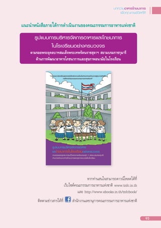 บทความอาหารโภชนาการ
เพื่อคุณภาพชีวิตที่ดี
93
แนะนําหนังสือภายใตการดําเนินงานของคณะกรรมการอาหารแหงชาติ
รู»แบบการบริหาร¨ัดการอาหารและโภชนาการ
ในโรเงรียนอย่างครบวง¨ร
ตามรอยพระยุคลบาทสมเด็จพระเทพรัตนราชสุดาฯ สยามบรมราชกุมารี
ดานการพัฒนาอาหารโภชนาการและสุขภาพอนามัยในโรงเรียน
หากท่านสนใจสามารถดาวน์โหลดได้ที่
เว็บไซต์คณะกรรมการอาหารแห่งชาติ www.tnfc.in.th
และ http://www.ebooks.in.th/tnfcbook/
ติดตามข่าวสารได้ที่ ส�านักงานเลขานุการคณะกรรมการอาหารแห่งชาติ
 