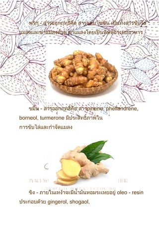 14
พริก - สารออกฤทธิ์คือ สารแคบไซซิน เป็นทั้งสารขับไล่
แมลงและฆ่าแมลงด้วย ฆ่าแมลงโดยเป็นพิษต่อระบบอาหาร
ขมิ้น - สารออกฤทธิ์คือ สารpinene, phellandrene,
borneol, turmerone มีประสิทธิ์ภาพใน
การขับไล่และกำาจัดแมลง
ขิง - ภายในเหง้าจะมีนำ้ามันหอมระเหยอยู่ oleo - resin
ประกอบด้วย gingerol, shogaol,
 