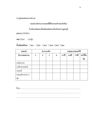 16
3.5 รูปแบบของตารางสํารวจ
แบบประเมินจํานวนรถยนตที่มีในครอบครัวของนักเรียน
โรงเรียนเฉลิมพระเกียรติสมเด็จพระศรีนครินทร กาญจนบุรี
สถานะ□นักเรียน
เพศ □ชาย □หญิง
ชั้นมัธยมศึกษา □ม.1 □ม.2 □ม.3 □ม.4 □ม.5 □ม.6
รถยนต จํานวน/คัน อายุของรถยนต/ป
ประเภทของรถ 1 2 3 4 1-3ป 4-6ป 7-9ป 10 ปขึ้น
ไป
รถจักรยาน
รถจักรยานยนต
รถยนต
รถยนตมากกวา 4
ลอ
อื่นๆ………………………………………………………………………………………
……………………………………………………………………………………………
……………………………………………………………………………………………
 