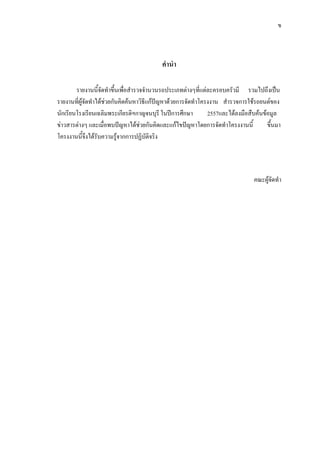 ข
คํานํา
รายงานนี้จัดทําขึ้นเพื่อสํารวจจํานวนรถประเภทตางๆที่แตละครอบครัวมี รวมไปถึงเปน
รายงานที่ผูจัดทําไดชวยกันคิดคนหาวิธีแกปญหาดวยการจัดทําโครงงาน สํารวจการใชรถยนตของ
นักเรียนโรงเรียนเฉลิมพระเกียรติฯกาญจนบุรี ในปการศึกษา 2557และไดลงมือสืบคนขอมูล
ขาวสารตางๆ และเมื่อพบปญหาไดชวยกันคิดและแกไขปญหาโดยการจัดทําโครงงานนี้ ขึ้นมา
โครงงานนี้จึงไดรับความรูจากการปฏิบัติจริง
คณะผูจัดทํา
 