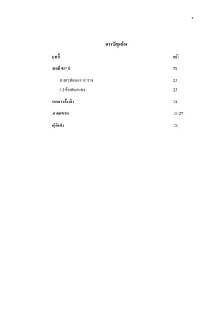 จ
สารบัญ(ตอ)
บทที่ หนา
บทที่ 5สรุป 23
5.1สรุปผลการสํารวจ 23
5.2 ขอเสนอแนะ 23
เอกสารอางอิง 24
ภาคผนวก 25-27
ผูจัดทํา 28
 