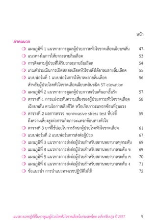 9แนวทางเวชปฏิบัติในการดูแลผู้ป่วยโรคหัวใจขาดเลือดในประเทศไทย ฉบับปรับปรุง ปี 2557
	 หน้า
ภาคผนวก
	 ❍	แผนภูมิที่ 1 แนวทางการดูแลผู้ป่วยภาวะหัวใจขาดเลือดเฉียบพลัน	 47
	 ❍	แนวทางในการให้ยาละลายลิ่มเลือด	 53
	 ❍	การติดตามผู้ป่วยที่ได้รับยาละลายลิ่มเลือด	 54
	 ❍	เกณฑ์ประเมินการเปิดหลอดเลือดหัวใจหลังได้ยาละลายลิ่มเลือด	 55
	 ❍	แบบฟอร์มที่ 1 แบบฟอร์มการให้ยาละลายลิ่มเลือด 	 56
	 	 ส�ำหรับผู้ป่วยโรคหัวใจขาดเลือดเฉียบพลันชนิด ST elevation
	 ❍	แผนภูมิที่ 2 แนวทางการดูแลผู้ป่วยภาวะเจ็บเค้นอกเรื้อรัง	 57
	 ❍	ตารางที่ 1 การแบ่งระดับความเสี่ยงของผู้ป่วยภาวะหัวใจขาดเลือด 	 58
	 	 เฉียบพลัน ตามโอกาสเสียชีวิต หรือเกิดภาวะแทรกซ้อนที่รุนแรง
	 ❍	ตารางที่ 2 ผลการตรวจ noninvasive stress test ที่บ่งชี้ 	 59
	 	 ถึงความเสี่ยงสูงต่อการเกิดภาวะแทรกซ้อนทางหัวใจ
	 ❍	ตารางที่ 3 ยาที่ใช้บ่อยในการรักษาผู้ป่วยโรคหัวใจขาดเลือด	 61
	 ❍	แบบฟอร์มที่ 2 แบบฟอร์มการส่งต่อผู้ป่วย	 67
	 ❍	แผนภูมิที่ 3 แนวทางการส่งต่อผู้ป่วยส�ำหรับสถานพยาบาลทุกระดับ	 69
	 ❍	แผนภูมิที่ 4 แนวทางการส่งต่อผู้ป่วยส�ำหรับสถานพยาบาลระดับ ข	 69
	 ❍	แผนภูมิที่ 5 แนวทางการส่งต่อผู้ป่วยส�ำหรับสถานพยาบาลระดับ ค	 70
	 ❍	แผนภูมิที่ 6 แนวทางการส่งต่อผู้ป่วยส�ำหรับสถานพยาบาลระดับ ง	 71
	 ❍	ข้อแนะน�ำ การน�ำแนวทางเวชปฏิบัติไปใช้	 72
 