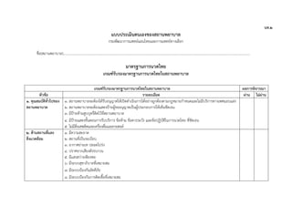 นท.๒
แบบประเมินตนเองของสถานพยาบาล
กรมพัฒนาการแพทย์แผนไทยและการแพทย์ทางเลือก
ชื่อ(สถานพยาบาล)......................................................................................................................................................................................................................
มาตรฐานการนวดไทย
เกณฑ์รับรองมาตรฐานการนวดไทยในสถานพยาบาล
เกณฑ์รับรองมาตรฐานการนวดไทยในสถานพยาบาล ผลการพิจารณา
หัวข้อ รายละเอียด ผ่าน ไม่ผ่าน
๑. คุณสมบัติทั่วไปของ
สถานพยาบาล
๑. สถานพยาบาลจะต้องได้รับอนุญาตให้เปิดดําเนินการได้อย่างถูกต้องตามกฎหมายกําหนดและไม่มีบริการทางเพศแอบแฝง
๒. สถานพยาบาลจะต้องแสดงป้ายผู้ขออนุญาตเป็นผู้ประกอบการให้เห็นชัดเจน
๓. มีป้ายห้ามสูบบุหรี่ติดไว้ที่สถานพยาบาล
๔. มีป้ายแสดงขั้นตอนการรับบริการ ข้อห้าม ข้อควรระวัง และข้อปฏิบัติในการนวดไทย ที่ชัดเจน
๕. ไม่มีสิ่งเสพติดและเครื่องดื่มแอลกอฮอล์
๒. ด้านสถานที่และ
สิ่งแวดล้อม
๑. มีความสะอาด
๒. สถานที่เป็นระเบียบ
๓. อากาศถ่ายเท ปลอดโปร่ง
๔. ปราศจากเสียงดังรบกวน
๕. มีแสงสว่างเพียงพอ
๖. มีระบบสุขาภิบาลที่เหมาะสม
๗. มีระบบป้องกันอัคคีภัย
๘. มีระบบป้องกันการติดเชื้อที่เหมาะสม
 