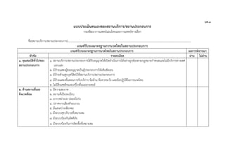 นท.๓
แบบประเมินตนเองของสถานบริการ/สถานประกอบการ
กรมพัฒนาการแพทย์แผนไทยและการแพทย์ทางเลือก
ชื่อ(สถานบริการ/สถานประกอบการ).......................................................................................................................................................................................
เกณฑ์รับรองมาตรฐานการนวดไทยในสถานประกอบการ
เกณฑ์รับรองมาตรฐานการนวดไทยในสถานประกอบการ ผลการพิจารณา
หัวข้อ รายละเอียด ผ่าน ไม่ผ่าน
๑. คุณสมบัติทั่วไปของ
สถานประกอบการ
๑. สถานบริการ/สถานประกอบการได้รับอนุญาตให้เปิดดําเนินการได้อย่างถูกต้องตามกฎหมายกําหนดและไม่มีบริการทางเพศ
แอบแฝง
๒. มีป้ายแสดงผู้ขออนุญาตเป็นผู้ประกอบการให้เห็นชัดเจน
๓. มีป้ายห้ามสูบบุหรี่ติดไว้ที่สถานบริการ/สถานประกอบการ
๔. มีป้ายแสดงขั้นตอนการรับบริการ ข้อห้าม ข้อควรระวัง และข้อปฏิบัติในการนวดไทย
๕. ไม่มีสิ่งเสพติดและเครื่องดื่มแอลกอฮอล์
๒. ด้านสถานที่และ
สิ่งแวดล้อม
๑. มีความสะอาด
๒. สถานที่เป็นระเบียบ
๓. อากาศถ่ายเท ปลอดโปร่ง
๔. ปราศจากเสียงดังรบกวน
๕. มีแสงสว่างเพียงพอ
๖. มีระบบสุขาภิบาลที่เหมาะสม
๗. มีระบบป้องกันอัคคีภัย
๘. มีระบบป้องกันการติดเชื้อที่เหมาะสม
   
 