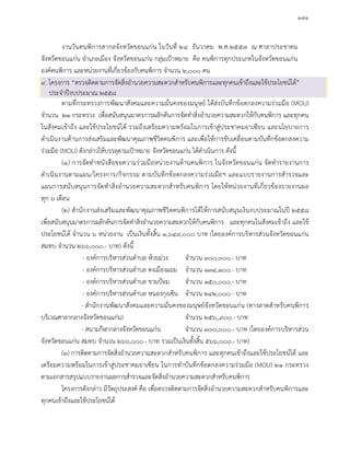 ๑๗๑
งานวันคนพิการสากลจังหวัดขอนแกน ในวันที่ ๒๔ ธันวาคม พ.ศ.๒๕๕๗ ณ ศาลาประชาคม
จังหวัดขอนแกน อําเภอเมือง จังหวัดขอนแกน กลุมเปาหมาย คือ คนพิการทุกประเภทในจังหวัดขอนแกน
องคคนพิการ และหนวยงานที่เกี่ยวของกับคนพิการ จํานวน ๒,๐๐๐ คน
๙. โครงการ “ตรวจติดตามการจัดสิ่งอํานวยความสะดวกสําหรับคนพิการและทุกคนเขาถึงและใชประโยชนได”
ประจําปงบประมาณ ๒๕๕๘
ตามที่กระทรวงการพัฒนาสังคมและความมั่นคงของมนุษย ไดสงบันทึกขอตกลงความรวมมือ (MOU)
จํานวน ๒๑ กระทรวง เพื่อสนับสนุนมาตรการผลักดันการจัดทําสิ่งอํานวยความสะดวกใหกับคนพิการ และทุกคน
ในสังคมเขาถึง และใชประโยชนได รวมถึงเตรียมความพรอมในการเขาสูประชาคมอาเซียน และนโยบายการ
ดําเนินงานดานการสงเสริมและพัฒนาคุณภาพชีวิตคนพิการ และเพื่อใหการขับเคลื่อนตามบันทึกขอตกลงความ
รวมมือ (MOU) ดังกลาวใหบรรลุตามเปาหมาย จังหวัดขอนแกน ไดดําเนินการ ดังนี้
(๑) การจัดทําหนังสือขอความรวมมือหนวยงานดานคนพิการ ในจังหวัดขอนแกน จัดทํารายงานการ
ดําเนินงานตามแผน/โครงการ/กิจกรรม ตามบันทึกขอตกลงความรวมมือฯ และแบบรายงานการสํารวจและ
แผนการสนับสนุนการจัดทําสิ่งอํานวยความสะดวกสําหรับคนพิการ โดยใหหนวยงานที่เกี่ยวของรายงานผล
ทุก ๖ เดือน
(๒) สํานักงานสงเสริมและพัฒนาคุณภาพชีวิตคนพิการไดใหการสนับสนุนเงินงบประมาณในป ๒๕๕๘
เพื่อสนับสนุนมาตรการผลักดันการจัดทําสิ่งอํานวยความสะดวกใหกับคนพิการ และทุกคนในสังคมเขาถึง และใช
ประโยชนได จํานวน ๖ หนวยงาน เปนเงินทั้งสิ้น ๑,๖๔๙,๐๐๐ บาท (โดยองคการบริหารสวนจังหวัดขอนแกน
สมทบ จํานวน ๒๖๖,๐๐๐.- บาท) ดังนี้
- องคการบริหารสวนตําบล หวยมวง จํานวน ๓๐๐,๐๐๐.- บาท
- องคการบริหารสวนตําบล ดงเมืองแอม จํานวน ๑๓๔,๑๐๐.- บาท
- องคการบริหารสวนตําบล ขามปอม จํานวน ๑๕๐,๐๐๐.- บาท
- องคการบริหารสวนตําบล หนองกุงเซิน จํานวน ๒๔๒,๐๐๐.- บาท
- สํานักงานพัฒนาสังคมและความมั่นคงของมนุษยจังหวัดขอนแกน (ทางลาดสําหรับคนพิการ
บริเวณศาลากลางจังหวัดขอนแกน) จํานวน ๒๕๖,,๙๐๐.- บาท
- สนามกีฬากลางจังหวัดขอนแกน จํานวน ๓๐๐,๐๐๐.- บาท (โดยองคการบริหารสวน
จังหวัดขอนแกน สมทบ จํานวน ๒๖๖,๐๐๐.- บาท รวมเปนเงินทั้งสิ้น ๕๖๖,๐๐๐.- บาท)
(๓) การติดตามการจัดสิ่งอํานวยความสะดวกสําหรับคนพิการ และทุกคนเขาถึงและใชประโยชนได และ
เตรียมความพรอมในการเขาสูประชาคมอาเซียน ในการทําบันทึกขอตกลงความรวมมือ (MOU) ๒๑ กระทรวง
ตามเอกสารสรุปแบบรายงานผลการสํารวจและจัดสิ่งอํานวยความสะดวกสําหรับคนพิการ
โครงการดังกลาว มีวัตถุประสงค คือ เพื่อตรวจติดตามการจัดสิ่งอํานวยความสะดวกสําหรับคนพิการและ
ทุกคนเขาถึงและใชประโยชนได
 