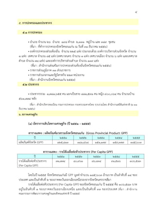 ๔
๕. การปกครองและประชากร
๕.๑ การปกครอง
• อําเภอ จํานวน ๒๖ อําเภอ ๑๙๘ ตําบล ๒,๓๓๑ หมูบาน และ ๓๘๙ ชุมชน
(ที่มา : ที่ทําการปกครองจังหวัดขอนแกน ณ วันที่ ๓๑ ธันวาคม ๒๕๕๖)
• องคกรปกครองสวนทองถิ่น จํานวน ๒๒๕ แหง ประกอบดวย องคการบริหารสวนจังหวัด จํานวน
๑ แหง เทศบาล จํานวน ๘๕ แหง (เทศบาลนคร จํานวน ๑ แหง เทศบาลเมือง จํานวน ๖ แหง และเทศบาล
ตําบล จํานวน ๗๘ แหง) และองคการบริหารสวนตําบล จํานวน ๑๓๙ แหง
(ที่มา : สํานักงานสงเสริมการปกครองสวนทองถิ่นจังหวัดขอนแกน ๒๕๕๖)
• ราชการสวนภูมิภาค ๓๓ สวนราชการ
• ราชการสวนกลางและรัฐวิสาหกิจ ๒๒๗ หนวยงาน
(ที่มา : สํานักงานจังหวัดขอนแกน ๒๕๕๗)
๕.๒ ประชากร
• ประชากรรวม ๑,๗๘๑,๖๕๕ คน แยกเปนชาย ๘๘๑,๕๙๑ คน หญิง ๙๐๐,๐๖๔ คน จํานวนบาน
๕๖๑,๗๗๔ หลัง
(ที่มา : สํานักบริหารทะเบียน กรมการปกครอง กระทรวงมหาดไทย รวบรวมโดย สํานักงานสถิติแหงชาติ ณ ๓๑
ธันวาคม ๒๕๕๖)
๖. สภาพเศรษฐกิจ
(๑) อัตราการเติบโตทางเศรษฐกิจ (ป ๒๕๕๑ – ๒๕๕๕)
ตารางแสดง : ผลิตภัณฑมวลรวมจังหวัดขอนแกน (Gross Provincial Product: GPP)
ป ๒๕๕๑ ๒๕๕๒ ๒๕๕๓ ๒๕๕๔ ๒๕๕๕
ผลิตภัณฑจังหวัด (GPP) ๑๒๕,๘๑๓ ๑๔๑,๔๖๘ ๑๕๑,๑๗๙ ๑๕๙,๓๗๗ ๑๘๕,๖๐๓
ตารางแสดง : รายไดเฉลี่ยตอหัวประชากร (Per Capita GPP)
ป ๒๕๕๑ ๒๕๕๒ ๒๕๕๓ ๒๕๕๔ ๒๕๕๕
รายไดเฉลี่ยตอหัวประชากร
(Per Capita GPP)
๗๑,๗๗๔ ๘๐,๙๖๑ ๘๖,๘๓๔ ๙๑,๕๑๖ ๑๐๖,๕๘๓
โดยในป ๒๕๕๕ จังหวัดขอนแกนมี GPP มูลคาจํานวน ๑๘๕,๖๐๓ ลานบาท เปนลําดับที่ ๑๔ ของ
ประเทศ และเปนลําดับที่ ๒ ของภาคตะวันออกเฉียงเหนือรองจากจังหวัดนครราชสีมา
รายไดเฉลี่ยตอหัวประชากร (Per Capita GPP) ของจังหวัดขอนแกน ป ๒๕๕๕ คือ ๑๐๖,๕๘๓ บาท
อยูในอันดับที่ ๑ ของภาคตะวันออกเฉียงเหนือ และเปนอันดับที่ ๓๓ ของประเทศ (ที่มา : สํานักงาน
คณะกรรมการพัฒนาการเศรษฐกิจและสังคมแหงชาติ ป ๒๕๕๕)
 