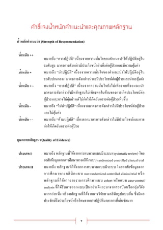 ช
น้าหนักคาแนะนา (Strength of Recommendation)
น้าหนัก ++
หมายถึง “ควรปฏิบัติ” เนื่องจากความมั่นใจของคาแนะนาให้ปฏิบัติอยู่ใน
ระดับสูง มาตรการดังกล่าวมีประโยชน์อย่างยิ่งต่อผู้ป่วยและมีความคุ้มค่า
น้าหนัก + หมายถึง “น่าปฏิบัติ” เนื่องจากความมั่นใจของคาแนะนาให้ปฏิบัติอยู่ใน
ระดับปานกลาง มาตรการดังกล่าวน่าจะมีประโยชน์ต่อผู้ป่วยและน่าจะคุ้มค่า
น้าหนัก + - หมายถึง “อาจปฏิบัติ” เนื่องจากความมั่นใจยังไม่เพียงพอที่จะแนะนา
มาตรการดังกล่าวยังมีหลักฐานไม่เพียงพอในด้านของการเกิดประโยชน์ต่อ
ผู้ป่วย และอาจไม่คุ้มค่า แต่ไม่ก่อให้เกิดอันตรายต่อผู้ป่วยเพิ่มขึ้น
น้าหนัก - หมายถึง “ไม่น่าปฏิบัติ” เนื่องจากมาตรการดังกล่าวไม่มีประโยชน์ต่อผู้ป่วย
และไม่คุ้มค่า
น้าหนัก - - หมายถึง “ห้ามปฏิบัติ” เนื่องจากมาตรการดังกล่าวไม่มีประโยชน์และอาจ
ก่อให้เกิดอันตรายต่อผู้ป่วย
คุณภาพหลักฐาน (Quality of Evidence)
ประเภท I หมายถึง หลักฐานที่ได้จากการทบทวนแบบมีระบบ (systematic review) โดย
อาศัยข้อมูลจากการศึกษาทางคลินิกแบบ randomized controlled clinical trial
ประเภท II หมายถึง หลักฐานที่ได้จากการทบทวนแบบมีระบบ โดยอาศัยข้อมูลจาก
การศึกษาทางคลินิกแบบ non-randomized controlled clinical trial หรือ
หลักฐานที่ได้จากรายงานการศึกษาแบบ cohort หรือแบบ case-control
analysis ที่ได้รับการออกแบบเป็นอย่างดีและมาจากสถาบันหรือกลุ่มวิจัย
มากกว่าหนึ่ง หรือหลักฐานที่ได้จากการวิจัยทางคลินิกรูปแบบอื่น ซึ่งมีผล
ประจักษ์ถึงประโยชน์หรือโทษจากการปฏิบัติมาตรการที่เด่นชัดมาก
 