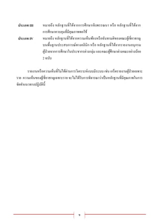 ซ
ประเภท III หมายถึง หลักฐานที่ได้จากการศึกษาเชิงพรรณนา หรือ หลักฐานที่ได้จาก
การศึกษาควบคุมที่มีคุณภาพพอใช้
ประเภท IV หมายถึง หลักฐานที่ได้จากความเห็นพ้องหรือฉันทามติของคณะผู้เชี่ยวชาญ
บนพื้นฐานประสบการณ์ทางคลินิก หรือ หลักฐานที่ได้จากรายงานอนุกรม
ผู้ป่วยจากการศึกษาในประชากรต่างกลุ่ม และคณะผู้ศึกษาต่างคณะอย่างน้อย
2 ฉบับ
รายงานหรือความเห็นที่ไม่ได้ผ่านการวิเคราะห์แบบมีระบบ เช่น เกร็ดรายงานผู้ป่วยเฉพาะ
ราย ความเห็นของผู้เชี่ยวชาญเฉพาะราย จะไม่ได้รับการพิจารณาว่าเป็นหลักฐานที่มีคุณภาพในการ
จัดทาแนวทางปฏิบัตินี้
 