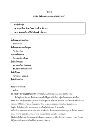2
ใบงาน
การจัดทาข้อเสนอโครงงานคอมพิวเตอร์
สมาชิกในกลุ่ม
1.น.ส.สุดปรีดา อินทรวิเศษ เลขที่ 38 ชั้น ม.6
2.น.ส.พรสวรรค์ สมบัตินันท์ เลขที่ 7 ชั้น ม.6
ชื่อโครงงาน (ภาษาไทย)
อาหารล้านนา
ชื่อโครงงาน (ภาษาอังกฤษ)
Northern Food
ประเภทโครงงาน
โครงงานเพื่อการศึกษา
ชื่อผู้ทาโครงงาน
1.น.ส.สุดปรีดา อินทรวิเศษ
2.น.ส.พรสวรรค์ สมบัตินันท์
ชื่อที่ปรึกษา
ครูเขื่อนทอง มูลวรรณ์
ชื่อที่ปรึกษาร่วม
-
ระยะเวลาดาเนินงาน
4 เดือน
ที่มาและความสาคัญของโครงงาน (อธิบายถึงที่มา แนวคิด และเหตุผล ของการทาโครงงาน)
ในปัจจุบันการทาอาหารพื้นเมืองทางภาคเหนือได้สูญหายไป เนื่องจากผู้คนนิยมทานอาหารพื้นเมือง
ลดลง จึงทาให้หาร้านเพื่อจะรับประทานได้ยากและสูตรอาหารก็เปลี่ยนไปจากเดิม แม่ค้าขายอาหารพื้นเมืองตาม
ตลาดต่างๆก็ได้ลดการทาอาหารพื้นเมืองตามไปด้วย เพราะต้องตอบสนองความต้องการของผู้คนในยุค
ปัจจุบัน อีกทั้งวัตถุดิบนามาประกอบอาหารพื้นเมืองก็หาได้ยากและมีราคาแพงขึ้น
ดังนั้นเพื่อสร้างความนิยมในการรับประทานอาหารพื้นเมือง ซึ่งมีส่วนผสมของพืชผักสมุนไพรพื้นเมือง ที่มีคุณค่า
ทางโภชนาการ มีประประโยชน์ต่อสุขภาพ และมีสรรพคุณในการต้านโรคต่างๆได้
ผู้จัดทาจึงเห็นถึงความสาคัญของอาหารพื้นเมืองและการสนับสนุนให้ผู้คนทั้งคนในประเทศและชาวต่างประเทศ
ได้รู้จักและรักในอาหารพื้นเมืองที่เป็นอาหารของชาวล้านนา
 