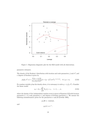 0.0 0.1 0.2 0.3 0.4
−3−2−1012
Leverage
Standardizedresiduals
q
q
q
q
q
q
q
q
q
q
q
q
q
q
q
q
q
q q
q
q
Cook's distance
1
0.5
0.5
1
Residuals vs Leverage
21
1
4
Figure 1: Regression diagnostic plot for the OLS model with all observations.
parameter estimates.
The density of the Student-t distribution with location and scale parameters, ξ and σ2
, and
ν degrees of freedom is given by
p(y|ξ, σ2
, ν) =
Γ{(ν + 1)/2}
Γ(ν/2)
√
πνσ2
{1 + (y − ξ)2
/νσ2
}−(ν+1)/2
, 0 ≤ y < ∞. (2.23)
If a random variable y has the density above, it is customary to write y ∼ tν(ξ, σ2
). Consider
the linear model
yi = β0 +
p
j=1
Xijβj + εi, i = 1, . . . , n, (2.24)
where the density of the (independent) random errors is given in Equation 2.23 with location
parameter ξ = 0, scale parameter σ, and degrees of freedom parameter ν. We assume the
following nonimformative priors for the parameters σ and β (Geweke 1993),
p1(β) ∝ constant,
and
p2(σ) ∝ σ−1
.
18
 
