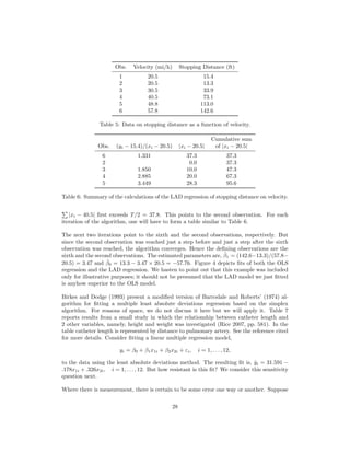 Obs. Velocity (mi/h) Stopping Distance (ft)
1 20.5 15.4
2 20.5 13.3
3 30.5 33.9
4 40.5 73.1
5 48.8 113.0
6 57.8 142.6
Table 5: Data on stopping distance as a function of velocity.
Cumulative sum
Obs. (yi − 15.4)/(xi − 20.5) |xi − 20.5| of |xi − 20.5|
6 1.331 37.3 37.3
2 0.0 37.3
3 1.850 10.0 47.3
4 2.885 20.0 67.3
5 3.449 28.3 95.6
Table 6: Summary of the calculations of the LAD regression of stopping distance on velocity.
|xi − 40.5| ﬁrst exceeds T/2 = 37.8. This points to the second observation. For each
iteration of the algorithm, one will have to form a table similar to Table 6.
The next two iterations point to the sixth and the second observations, respectively. But
since the second observation was reached just a step before and just a step after the sixth
observation was reached, the algorithm converges. Hence the deﬁning observations are the
sixth and the second observations. The estimated parameters are, ˆβ1 = (142.6−13.3)/(57.8−
20.5) = 3.47 and ˆβ0 = 13.3 − 3.47 × 20.5 = −57.76. Figure 4 depicts ﬁts of both the OLS
regression and the LAD regression. We hasten to point out that this example was included
only for illustrative purposes; it should not be presumed that the LAD model we just ﬁtted
is anyhow superior to the OLS model.
Birkes and Dodge (1993) present a modiﬁed version of Barrodale and Roberts’ (1974) al-
gorithm for ﬁtting a multiple least absolute deviations regression based on the simplex
algorithm. For reasons of space, we do not discuss it here but we will apply it. Table 7
reports results from a small study in which the relationship between catheter length and
2 other variables, namely, height and weight was investigated (Rice 2007, pp. 581). In the
table catheter length is represented by distance to pulmonary artery. See the reference cited
for more details. Consider ﬁtting a linear multiple regression model,
yi = β0 + β1x1i + β2x2i + εi, i = 1, . . . , 12,
to the data using the least absolute deviations method. The resulting ﬁt is, ˆyi = 31.591 −
.178x1i + .326x2i, i = 1, . . . , 12. But how resistant is this ﬁt? We consider this sensitivity
question next.
Where there is measurement, there is certain to be some error one way or another. Suppose
28
 