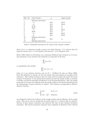 Obs. No. Lower bound y Upper bound
1 Deﬁning observation
2 −∞ 49.5 50.74
3 −∞ 34.4 36.48
4 34.33 36.0 ∞
5 40.43 43.0 ∞
6 −∞ 28.0 30.27
7 36.48 37.0 ∞
8 −∞ 20.0 30.35
9 −∞ 33.5 35.75
10 Deﬁning observation
11 32.55 38.5 ∞
12 Deﬁning observation
Table 8: Admissible intervals for the values of the response variable.
where ρ(t) is a continuous (usually convex) real valued function. It is obvious that the
objective function ρ(t) = t2
for Equation 2.38 and ρ(t) = |t| for Equation 2.39.
Huber (1964) deﬁnes an M-estimate (or a maximum likelihood type estimate) Tn of a loca-
tion parameter as any estimate that minimises an expression of the form
n
i=1
ρ(xi; Tn),
or equivalently, that satisﬁes
n
i=1
ψ(xi; Tn) = 0,
where ρ(·) is an arbitrary function and ψ(x; θ) = (∂/∂θ)ρ(x; θ) (also see Huber 2009).
From this deﬁnition we already see that the sample mean and median are examples of M-
estimators. More reﬁned estimators than the mean and the median fall under this broad
category of estimators. It has already been pointed out that the sample median is resistant
to outliers, but has the drawback of ineﬃciency at the Normal distribution. Also, the sample
mean that is of course more eﬃcient than the sample median at the Normal distribution has
the disadvantage of gross sensitivity to outliers. The estimator corresponding to Huber’s
objective function,
ρ(t) =



1
2 t2
, for |t| ≤ k
k|t| − 1
2 k2
, otherwise
(2.40)
was designed to inherit the resistance of the sample median and the eﬃciency of the sample
mean. This can be seen by noting that for small values of t, it behaves like the objective
function of least squares estimation and otherwise like that of least absolute deviations
estimation. The location parameter estimator given explicitly by Equation 2.40 is referred
32
 