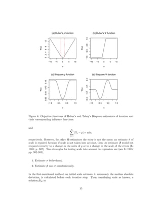 −10 −5 0 5 10
0246812
(a) Huber's ρ function
u
Ψ(u)
−10 −5 0 5 10
−1.5−0.50.51.5
(b) Huber's Ψ function
u
Ψ(u)
−1.5 −0.5 0.5 1.5
0.000.050.100.15
(c) Bisquare ρ function
u
Ψ(u)
−1.5 −0.5 0.5 1.5
−0.3−0.10.10.3
(d) Bisquare Ψ function
u
Ψ(u)
Figure 6: Objective functions of Huber’s and Tukey’s Bisquare estimators of location and
their corresponding inﬂuence functions.
and
n
i=1
|Xi − µ| = min,
respectively. However, for other M-estimators the story is not the same; an estimate ˆσ of
scale is required because if scale is not taken into account, then the estimate ˆβ would not
respond correctly to a change in the units of y or to a change in the scale of the errors (Li
1985, p. 302). Two strategies for taking scale into account in regression are (see Li 1985,
pp. 302-303),
1. Estimate σ beforehand,
2. Estimate β and σ simultaneously.
In the ﬁrst-mentioned method, an initial scale estimate ˆσ, commonly the median absolute
deviation, is calculated before each iterative step. Then considering scale as known, a
solution ˆβM to
35
 