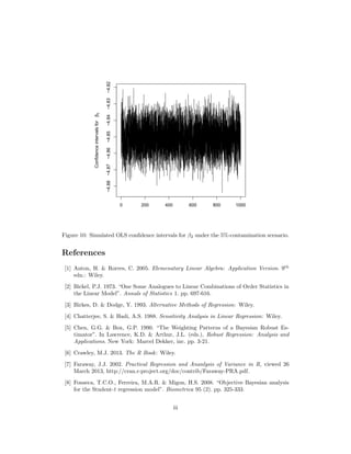 0 200 400 600 800 1000
−4.88−4.87−4.86−4.85−4.84−4.83−4.82
Confidenceintervalsforβ2
Figure 10: Simulated OLS conﬁdence intervals for β2 under the 5%-contamination scenario.
References
[1] Anton, H. & Rorres, C. 2005. Elemenatary Linear Algebra: Application Version. 9th
edn.: Wiley.
[2] Bickel, P.J. 1973. “One Some Analogues to Linear Combinations of Order Statistics in
the Linear Model”. Annals of Statistics 1. pp. 697-616.
[3] Birkes, D. & Dodge, Y. 1993. Alternative Methods of Regression: Wiley.
[4] Chatterjee, S. & Hadi, A.S. 1988. Sensitivity Analysis in Linear Regression: Wiley.
[5] Chen, G.G. & Box, G.P. 1990. “The Weighting Patterns of a Bayesian Robust Es-
timator”. In Lawrence, K.D. & Arthur, J.L. (eds.), Robust Regression: Analysis and
Applications. New York: Marcel Dekker, inc. pp. 3-21.
[6] Crawley, M.J. 2013. The R Book: Wiley.
[7] Faraway, J.J. 2002. Practical Regression and Ananlysis of Variance in R, viewed 26
March 2013, http://cran.r-project.org/doc/contrib/Faraway-PRA.pdf.
[8] Fonseca, T.C.O., Ferreira, M.A.R. & Migon, H.S. 2008. “Objective Bayesian analysis
for the Student-t regression model”. Biometrica 95 (2). pp. 325-333.
iii
 