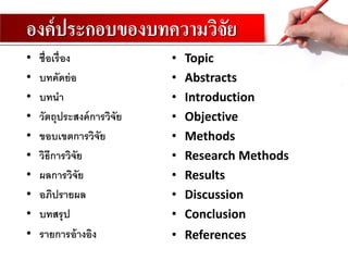องค์ประกอบของบทความวิจัย
• ชื่อเรื่อง
• บทคัดย่อ
• บทนา
• วัตถุประสงค์การวิจัย
• ขอบเขตการวิจัย
• วิธีการวิจัย
• ผลการวิจัย
• อภิปรายผล
• บทสรุป
• รายการอ้างอิง
• Topic
• Abstracts
• Introduction
• Objective
• Methods
• Research Methods
• Results
• Discussion
• Conclusion
• References
 